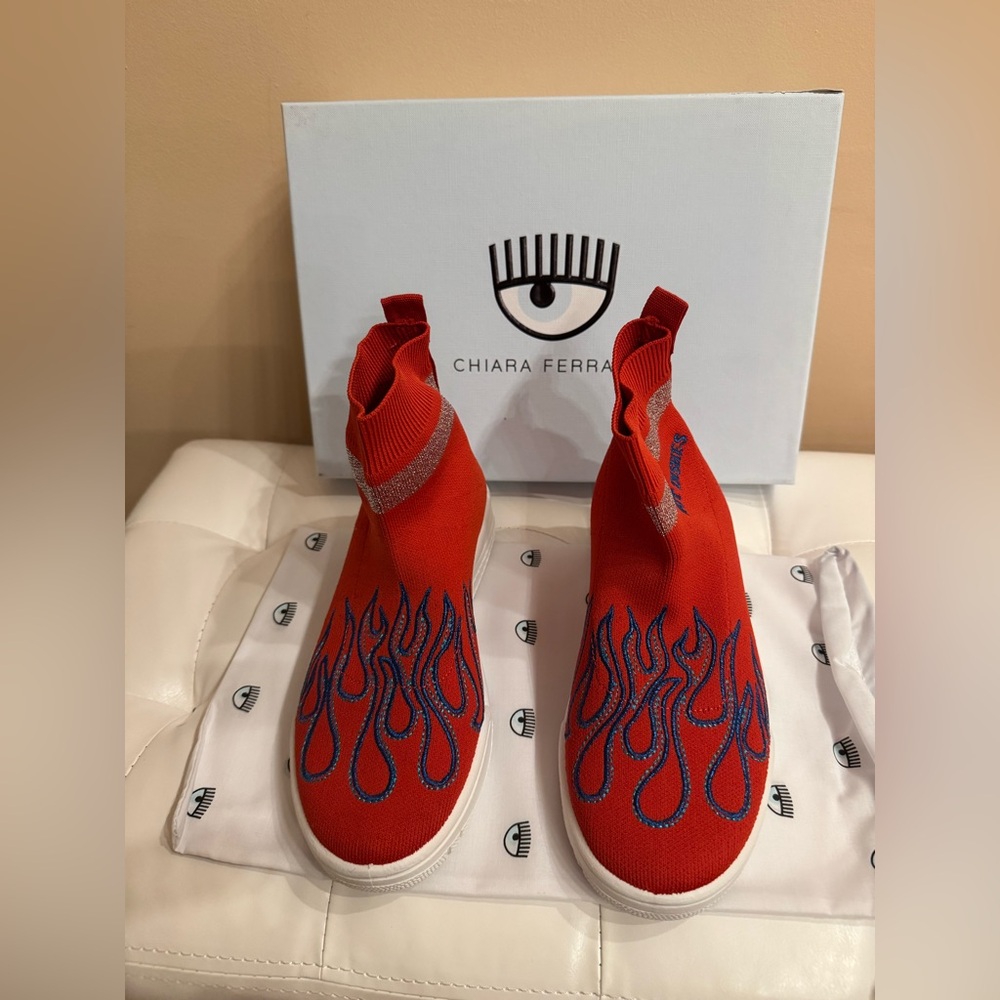 Chiara Ferragni Red Sneakers with Blue Flame Pattern in a box.True to size 6.5